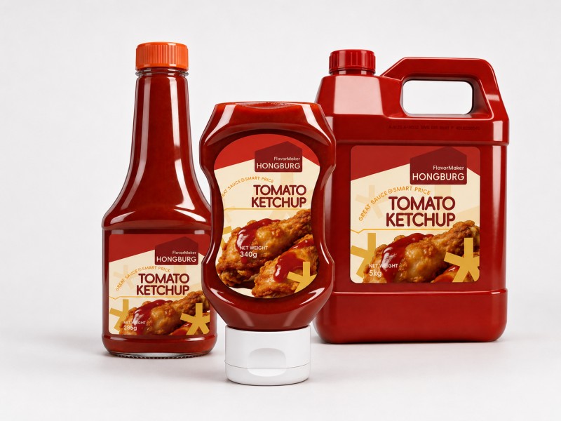 Spremere la bottiglia di ketchup di pomodoro