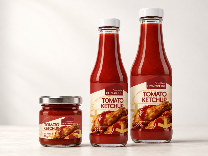 Ketchup di pomodoro in bottiglia di vetro